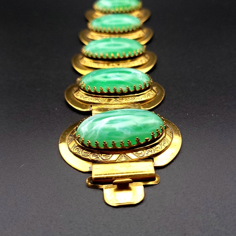 Vintage 1960s Brass & Green Lucite Cabochon Bracelet Clip-On Earrings Set MCM